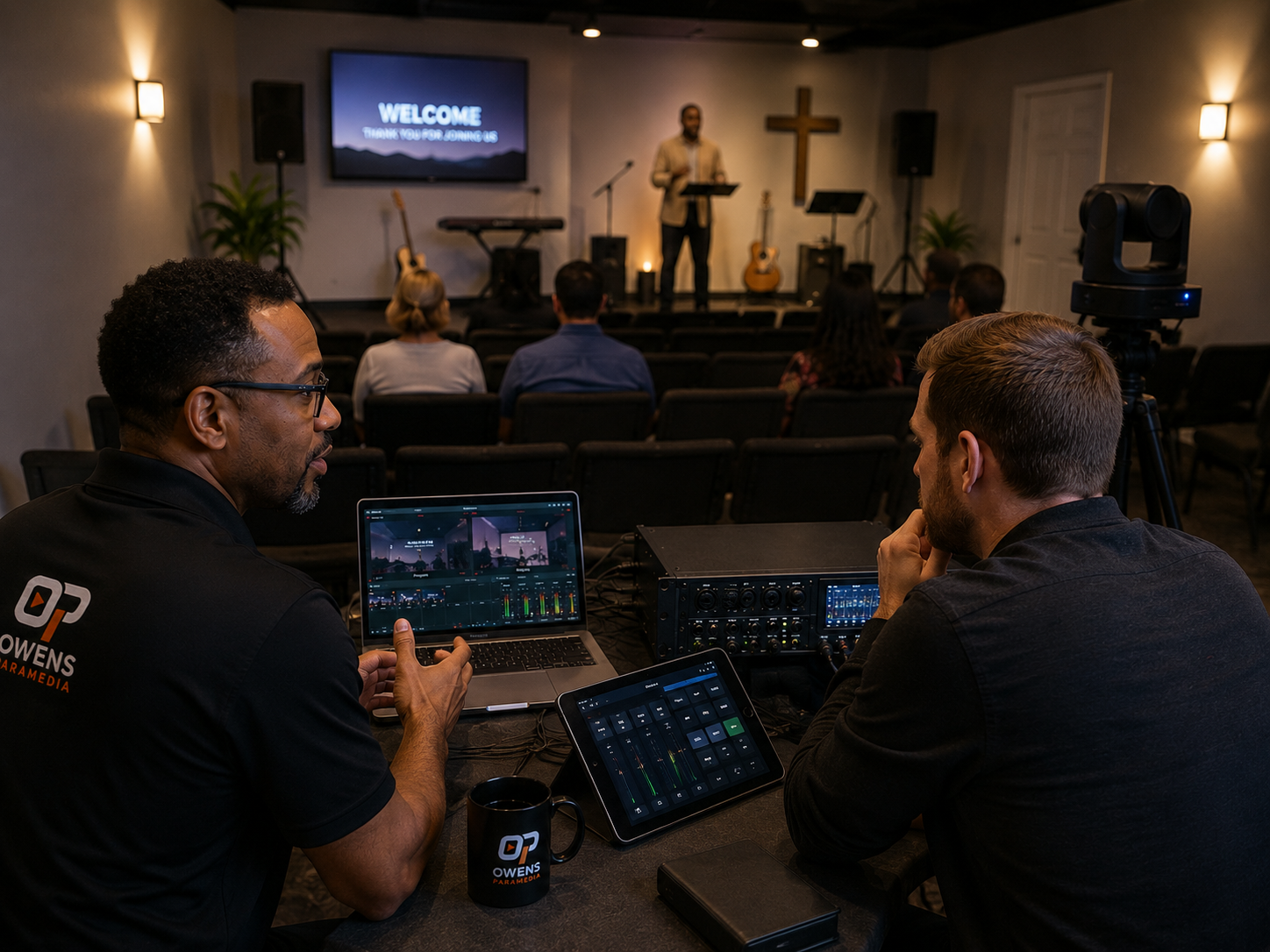 Media volunteers working with audio and video equipment in a small church