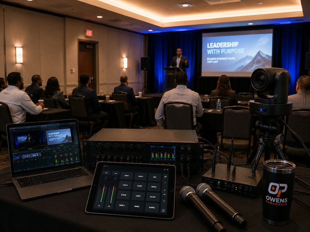 Sound, presentation, and video equipment at a small conference