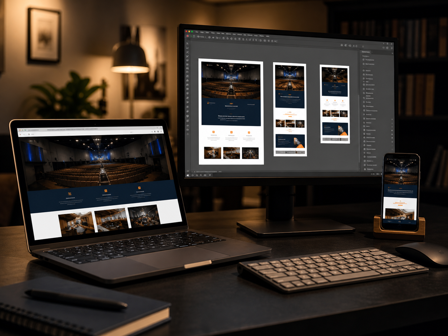 Website design workspace showing desktop and mobile layouts