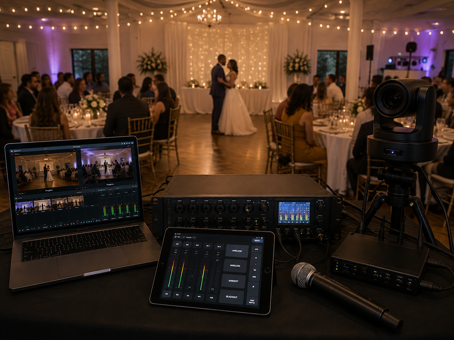 Audio and video equipment overlooking a wedding reception